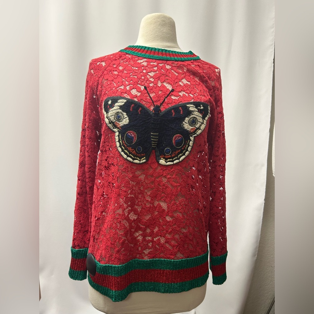 Gucci Red Lace Sweater with Butterfly Design